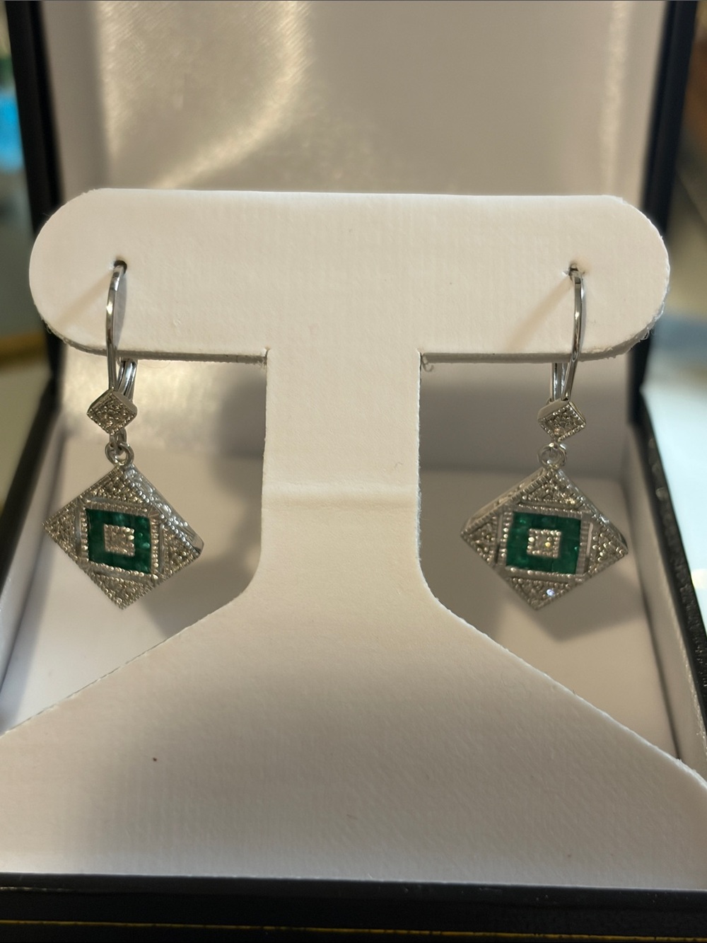 Diamonds Green Square Drop Earrings in Sterling Silver